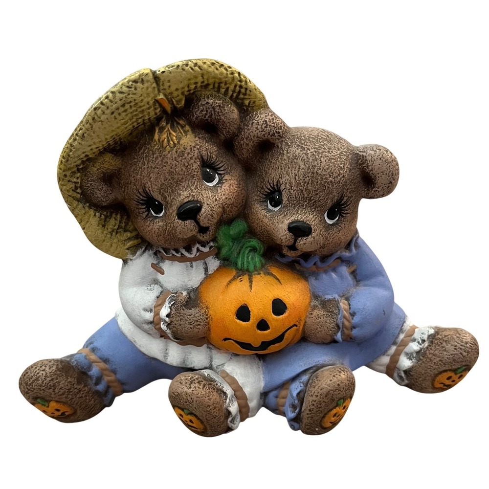 Vintage Ceramic Halloween Bears with Pumpkin Figurine Autumn Decor
